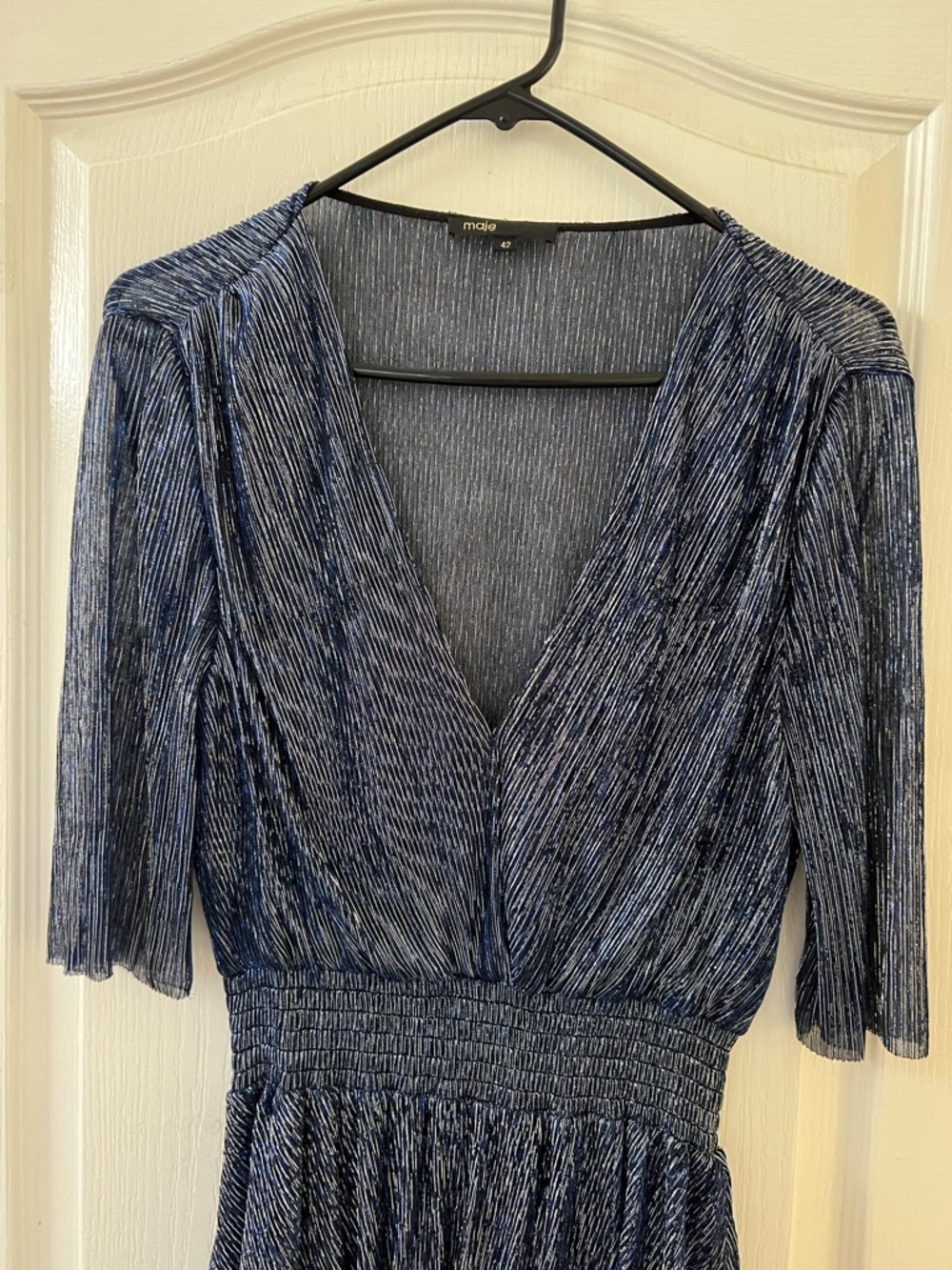 Maje Navy Metallic V-Neck Tiered High-Low Dress - Picture 5 of 6